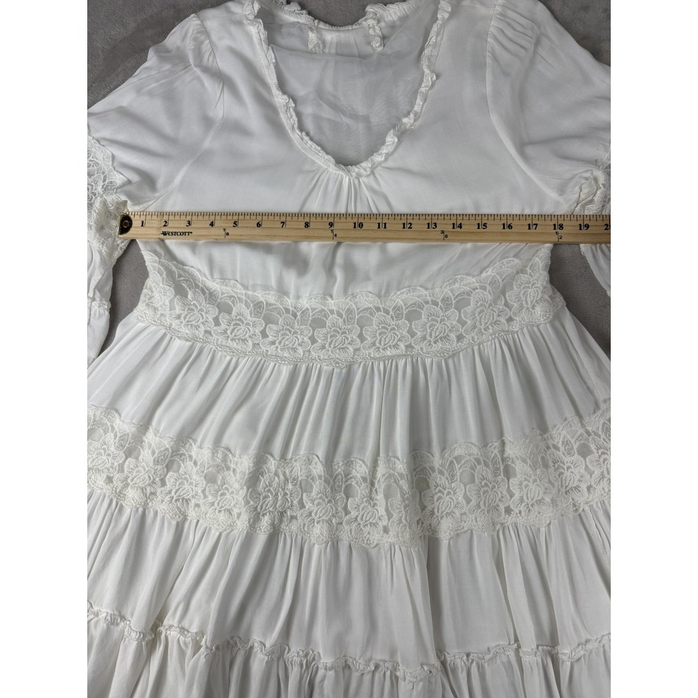 Boho White Lace Tiered Mini Dress V-Neck Bell Sleeve Ruffle Summer Sun Dress - Picture 5 of 6